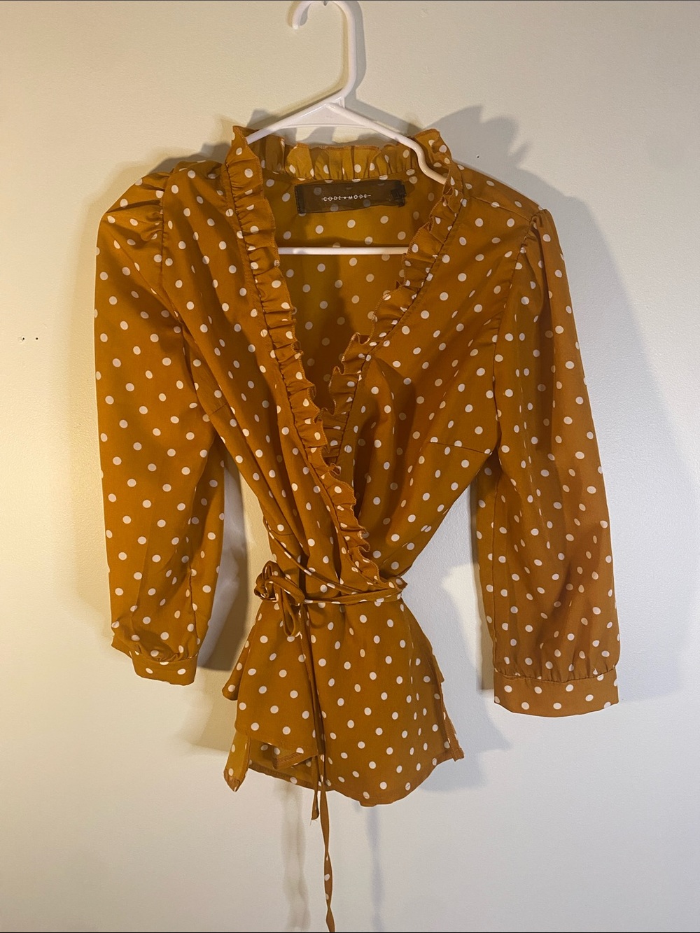 Polka Dot Ruffle Tie-Waist Blouse - Mustard